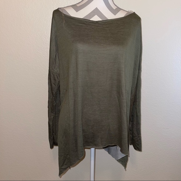 NWT Adora Solid Olive Green Boat Neck Split Side Asymmetrical Long Sleeve Top - Picture 12 of 17
